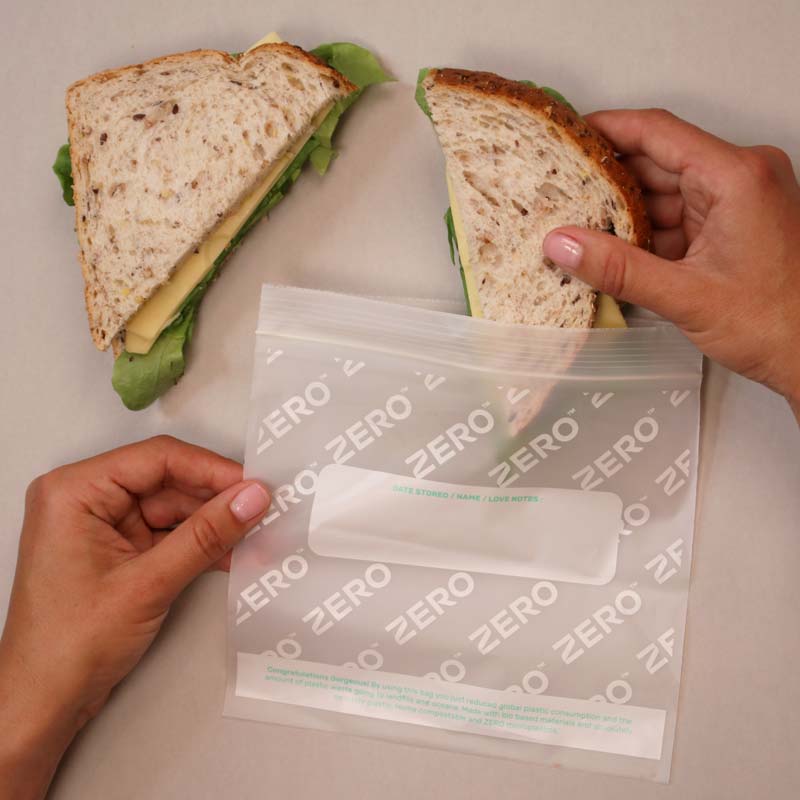 Zero Plastic Free resealable sandwich bag with sandwich