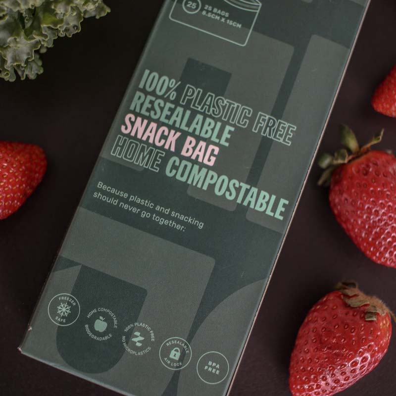 Zero plastic free resealable snack bag with strawberries